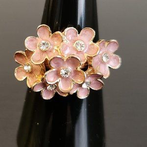 Pink and Goldtone Crystal Flower Ring
